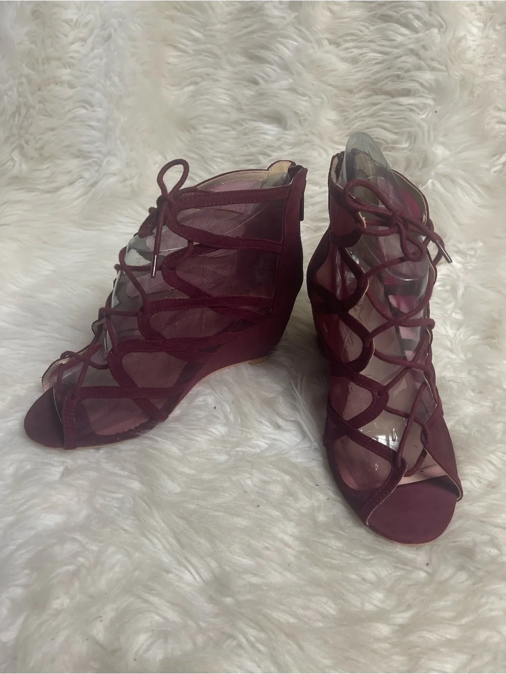 Torrid Burgundy synthetic suede & Mesh Lace-Up Wedge Sandals SZ9